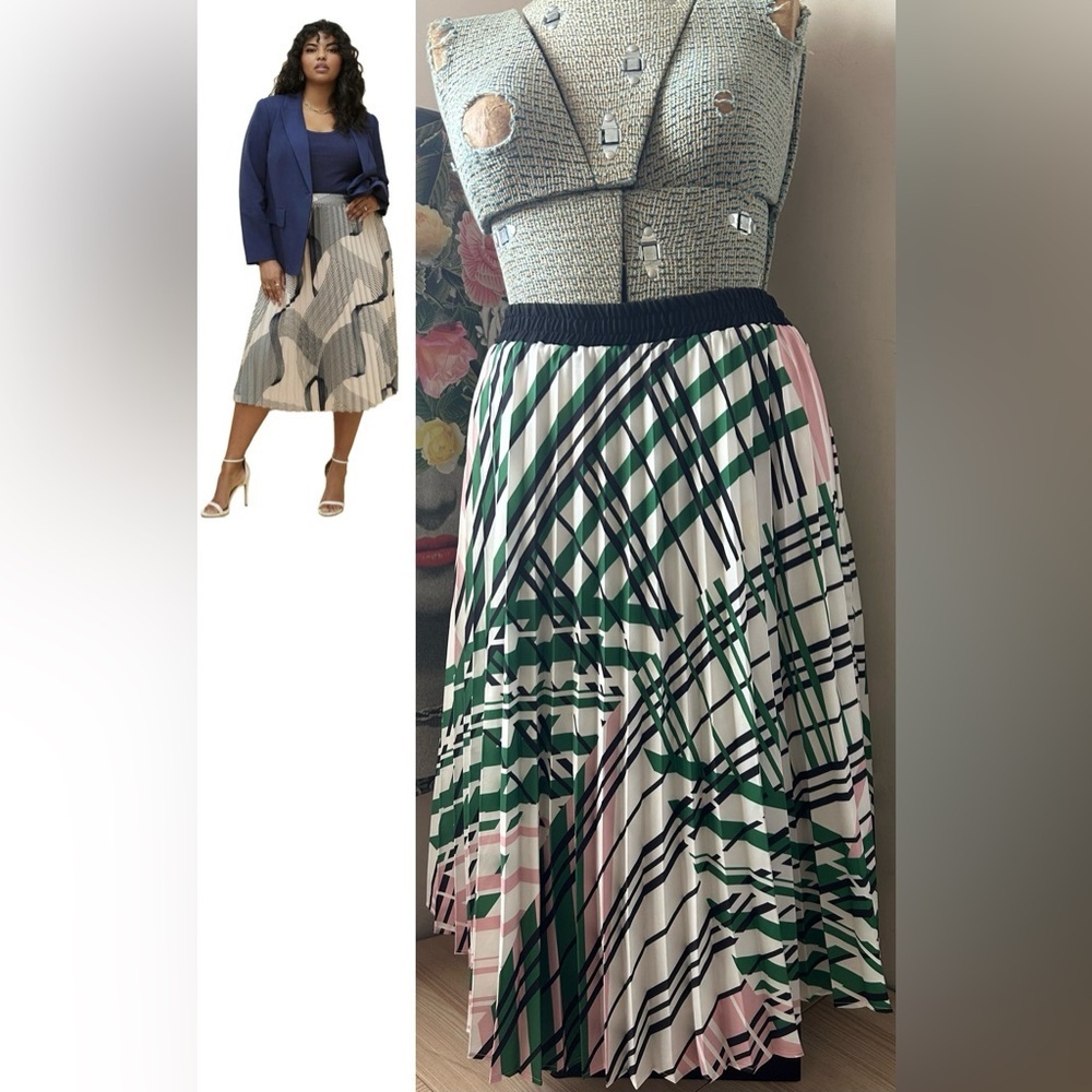 ELOQUII ABSTRACT PRINT PLEATED MIDI SKIRT 22/24 FULLY LINED, ELASTICATED WAIST